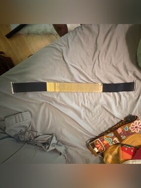 Black Elastic Belt with Gold Chain Accent